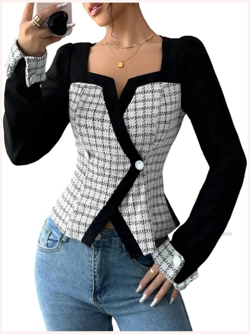 Business Casual Button Up Blouse Long Sleeve Fitted Tweed Top